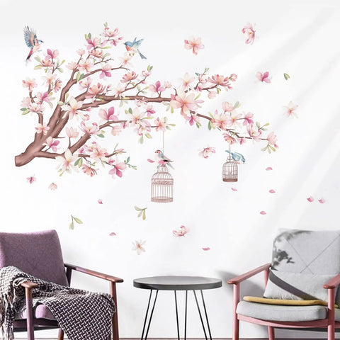 Cherry Blossom Wall Decals Set With Pink Magnolia Flowers, Tree Branches and Birds, Peel and Stick Wall Art for Living Room or Bedroom