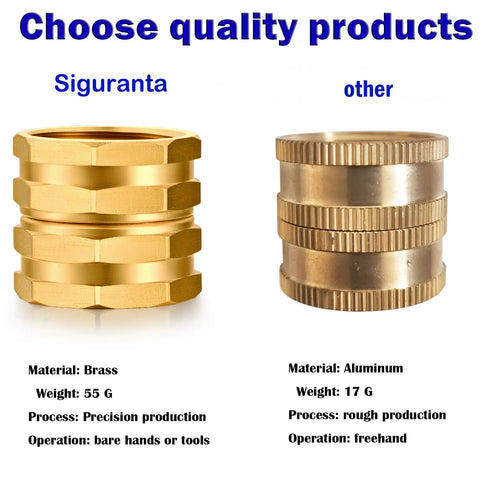 Comparison of brass and aluminum hose connectors, showcasing quality of Garden Hose Adapter Set 3/4 Inch Brass GHT Double Female Swivel Connectors
