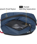 Teal Travel Toiletry Bag 5L Compact Organizer with waterproof wet dry compartment shown open with splash-proof nylon
