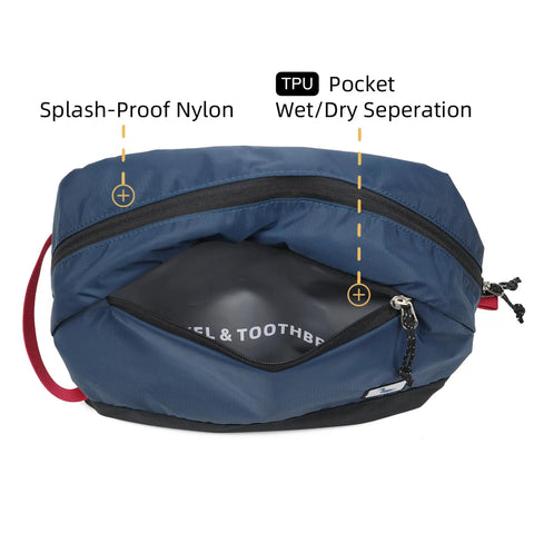 Teal Travel Toiletry Bag 5L Compact Organizer with waterproof wet dry compartment shown open with splash-proof nylon