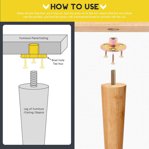 How to use Rock Solid M6 Brad Hole Tee Nuts And Screws Kit showing installation steps for furniture assembly.