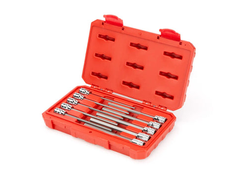 3/8 Inch Drive Long Hex Bit Socket Set, 10-Piece 3-10 mm, S2 Steel Sockets With Press-Fit in durable red storage case