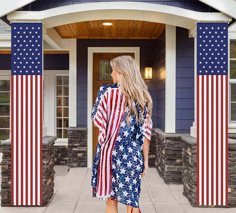 Patriotic Outdoor American Flag Banners Set Of Two For Fourth Of July Independence Day And Memorial Day, Indoor And Outdoor Hanging Decor, on porch
