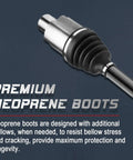 Close-up of Front CV Axle And Wheel Bearing Hub Assembly For Ram 1500 4X4 2012-2020 with neoprene boots in focus.