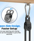 10 Piece Black Snatch Block Pulleys With Ball Bearing, Smooth Running Single Wheel Pulleys For 0.23 Inch Rope, Replacement Gear For Farm Gates, Garage Lifts, Dock Ropes And Lifting Jobs. open-side pulley with rope threaded through carabiner