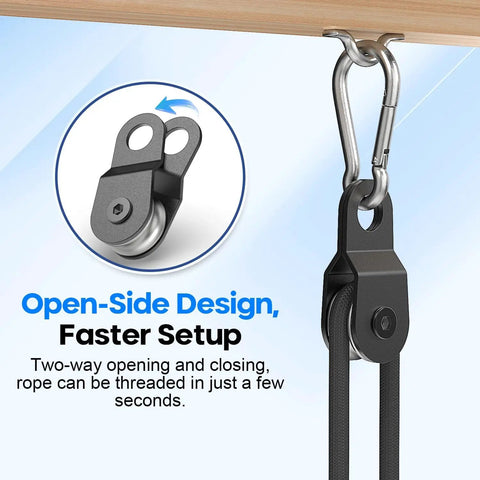 10 Piece Black Snatch Block Pulleys With Ball Bearing, Smooth Running Single Wheel Pulleys For 0.23 Inch Rope, Replacement Gear For Farm Gates, Garage Lifts, Dock Ropes And Lifting Jobs. open-side pulley with rope threaded through carabiner