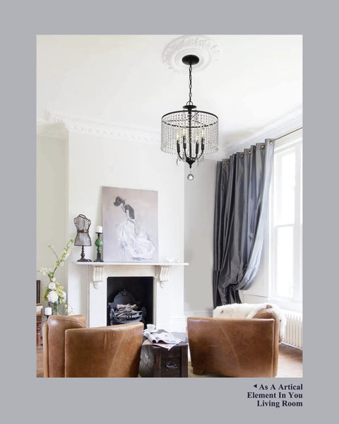 17 Inch Black Crystal Chandelier With Matte Black Frame Modern Mid Century Pendant Light Fixture in a living room.