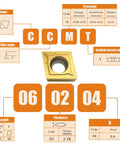 Front view of a gold-colored carbide turning insert with CCMT/DCMT codes and TiSiN coating for CNC lathe.
