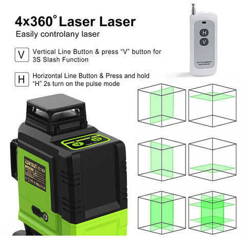 Diagram of the Floor And Wall Green Laser Level With 16 Lines, 360 Degree Spin, Self Leveling Cross Hair, IE16R and remote control