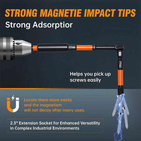 Close-up of Torx Bit Set 36 Piece T5 Through T40 with 1 Inch, 2 Inch and 3 Inch Tamper Proof Bits, S2 Steel Magnetic Tips in action.