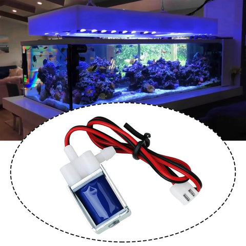 Two Pack Micro Mini DC 5V To 6V Solenoid Valve Normally Closed 2 Way Air And Water Valve shown with aquarium