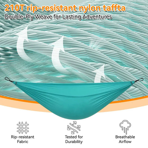 Ultralight Camping Hammock For Outdoors And Backpacking in army green, showing 210T rip-resistant nylon taffeta material