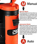 Close-up of Beast Mode Heavy Duty 1HP Sump Pump switch showing manual and auto operation modes, red pump body and float switch visible