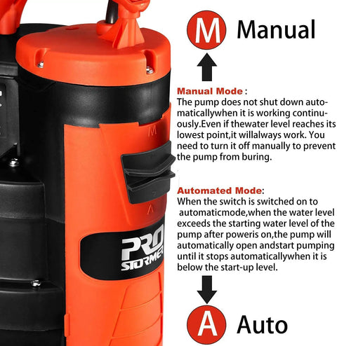 Close-up of Beast Mode Heavy Duty 1HP Sump Pump switch showing manual and auto operation modes, red pump body and float switch visible