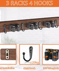 Rustic Wood Wall Mount Broom Mop Holder Organizer with 3 Racks and 4 Hooks on a wall; mounting and hook details shown