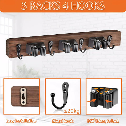 Rustic Wood Wall Mount Broom Mop Holder Organizer with 3 Racks and 4 Hooks on a wall; mounting and hook details shown