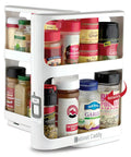 Super Darn Handy Pull And Spin Cabinet Caddy Spice Rack Organizer For Kitchen Pantry Organization with labeled spice containers.