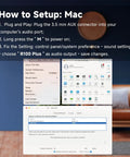 Bluetooth Computer Speakers With Dynamic LED Light setup instructions on Mac displaying sound settings and connections.