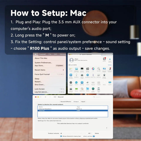 Bluetooth Computer Speakers With Dynamic LED Light setup instructions on Mac displaying sound settings and connections.