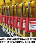 50 Piece Lockout Tagout Padlock Kit With Differently Keyed Safety Locks, Two Keys Per Lock, Red LOTO Locks on Rack