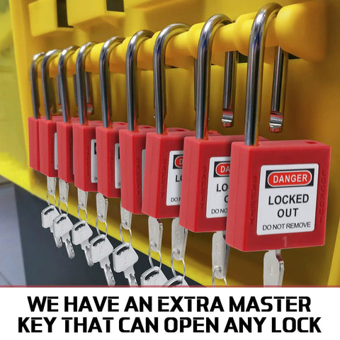 50 Piece Lockout Tagout Padlock Kit With Differently Keyed Safety Locks, Two Keys Per Lock, Red LOTO Locks on Rack