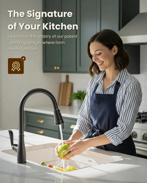 Oil Rubbed Bronze Pull Down Kitchen Faucet With Sprayer, Antique ORB Finish, Single Handle High Arc showcased with woman using sprayer