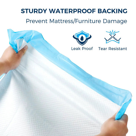 Sturdy waterproof backing of Ultra Thick, Super Absorbent Disposable Bed Pads 30x36 Inches for Adults, Seniors, and Pets.
