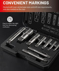 9-Piece Pipe Extractor Set for Broken Nipples and Stripped Fittings in storage case with laser-etched markings.
