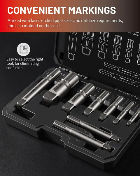 9-Piece Pipe Extractor Set for Broken Nipples and Stripped Fittings in storage case with laser-etched markings.