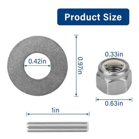 Prop Nut Kit E MKP34 Replacement Compatible With MKP33 MKP38 product dimensions showing nut, washer, and pin sizes.