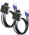 3 Amp Resettable Circuit Breaker Push Button Switch With 18 Awg Lead Wires Hex Nut Mount, black, with connectors and wires, suitable for automotive use.