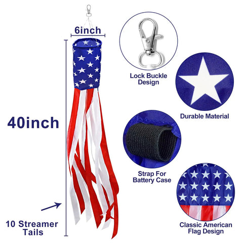 Patriotic 2 Pack 40 Inch American Flag Windsocks With Lights For Fourth Of July shown with dimensions and features