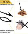 Close-up of 42 Inch Fire Tongs And Fire Poker Set beefy heavy duty detachable log grabbers with curved hooks and serrated design.