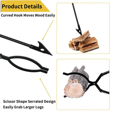Close-up of 42 Inch Fire Tongs And Fire Poker Set beefy heavy duty detachable log grabbers with curved hooks and serrated design.