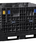Built Tough Collapsible Bulk Storage Bin And Shipping Container With Reinforced Plastic Runners, 2500 Pound Capacity Easily Handles 48 By 45 By 25 Inch Spaces Black, side view showing structure and colors.