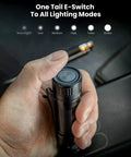 Hand holding SC32 Pocket Size EDC Flashlight 2000 Lumens Rechargeable SST40 LED 5000K Tail E Switch Ultra Compact Torch.