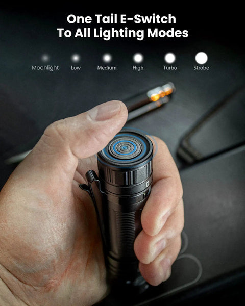 Hand holding SC32 Pocket Size EDC Flashlight 2000 Lumens Rechargeable SST40 LED 5000K Tail E Switch Ultra Compact Torch.