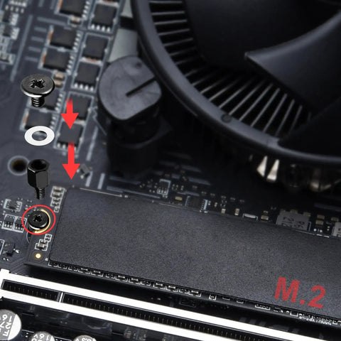 Ultimate M.2 NVMe SSD Screw Kit with assembly steps for 9 nuts, 6 screws, and installation on PCIe NVMe 2280 motherboard
