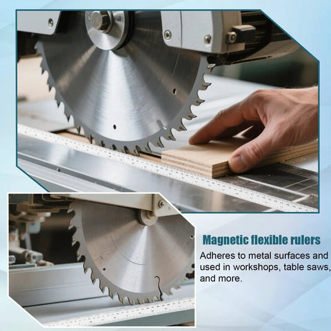 Close-up of saw and ruler used on machine with Durable Flexible Magnetic Measuring Tape 39.37 Inch With Inches And Centimeters Dual Units For Classroom Whiteboard Workshop Milling Machines Drawing And Craft Table visible.