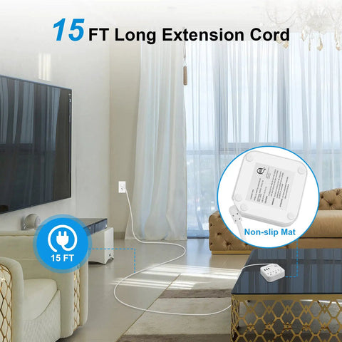 15 Ft Long Extension Cord With 3 Outlet Desk Power Strip And 3 USB Ports in a living room, showing non-slip mat feature
