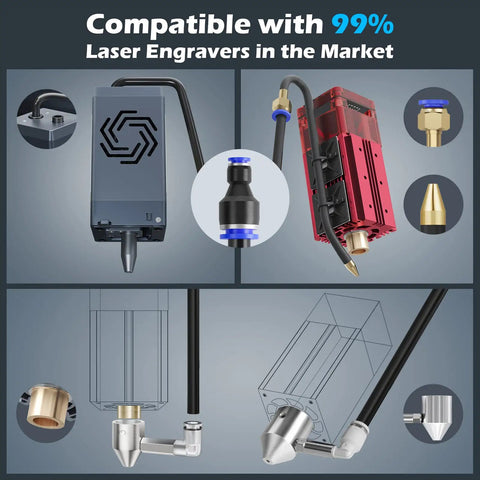 Air Assist Pump For Laser Engravers And Cutters With Adjustable 0 To 30 Lpm Airflow shown with nozzle attachments and components