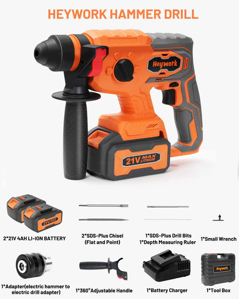 Cordless Rotary Hammer Drill With Brushless Motor, 4 Modes, Variable Speed, SDS Plus Chuck, 21V 2x4.0Ah Li Ion Battery And Charger