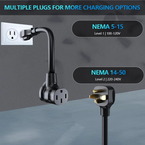 Portable Level 1 And Level 2 Electric Vehicle Charger 40 Amps With 25 Foot Cable Nema 1450 And 515 Adapters for home charging.