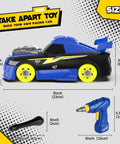 26 Piece Take Apart Racing Car Set with Electric Drill Lights and Sounds, blue and black, with size details