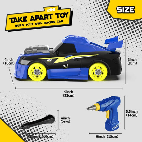 26 Piece Take Apart Racing Car Set with Electric Drill Lights and Sounds, blue and black, with size details