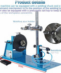 Rotary Welding Positioner Turntable With 65 Mm Chuck And Foot Pedal Control Runs Smooth For Heavy Metalwork Loads showing chuck and welding gun holder.