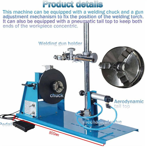 Rotary Welding Positioner Turntable With 65 Mm Chuck And Foot Pedal Control Runs Smooth For Heavy Metalwork Loads showing chuck and welding gun holder.