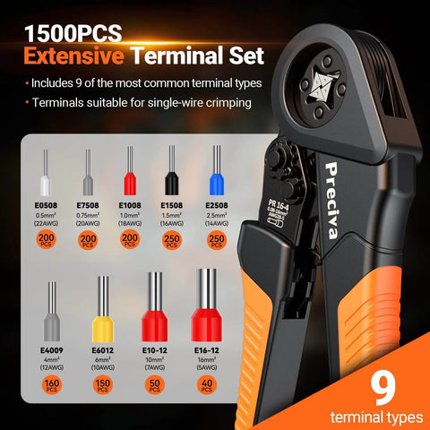 Self Adjusting Ratchet Ferrule Crimping Tool Kit with Quadrilateral Ferrule Crimper and 1500 connectors