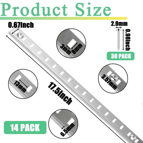 Hold Everything Tight With These Tough As Nails 14 Pack 17.5 Inch Black Metal Pilaster Shelf Brackets Featuring 36 Easy Snap Clips And Complete Wall Mounting Kit showing product dimensions and details.