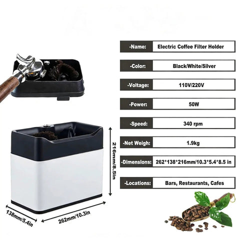 Hassle Free Portafilter Scrubber With Dual Spin Brushes And Auto Knock Box Smooth Espresso Machine Cleaner For Home And Cafe Bars Killer Deal, top view showing brushes and dimensions.